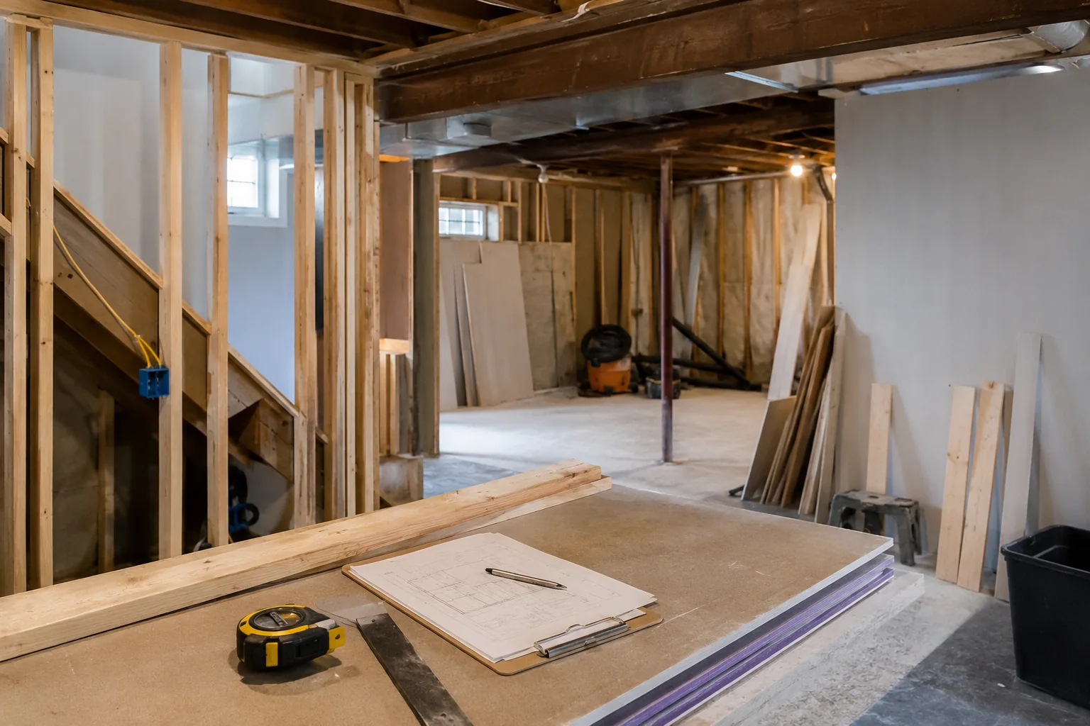 Open basement framing with renovation plans and measuring tools