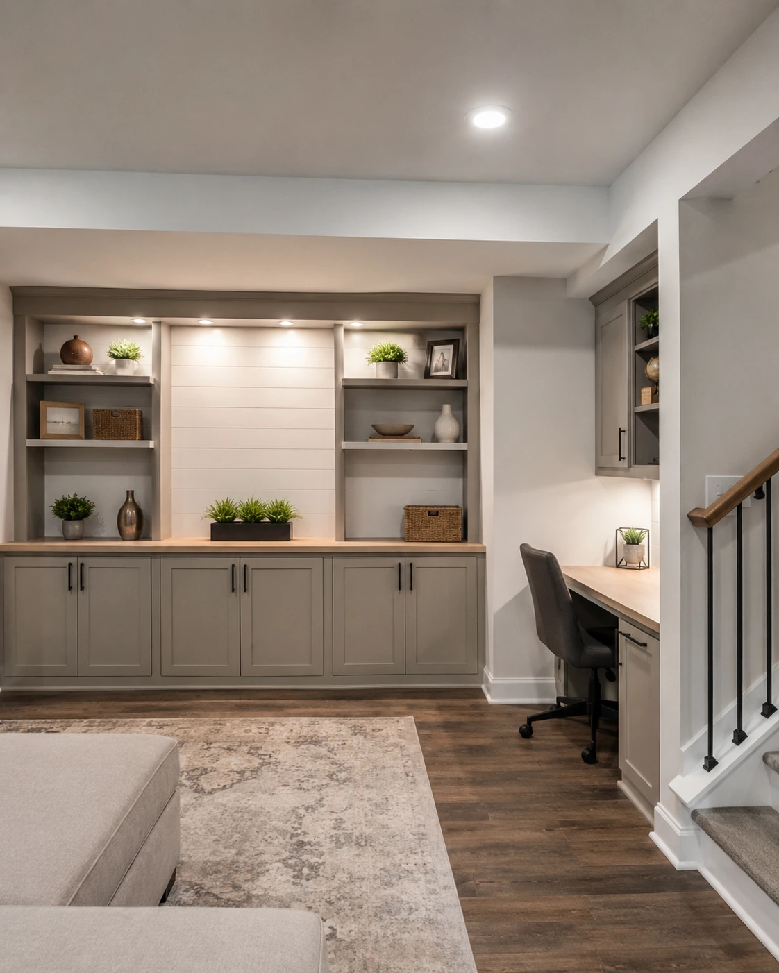 Finished basement with custom built-in storage and workspace