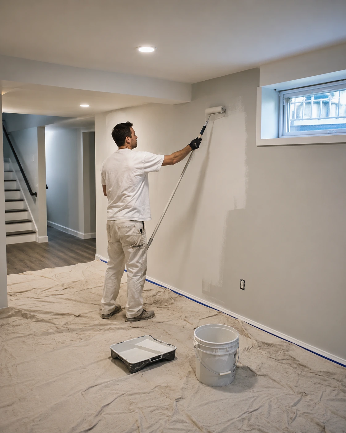Basement wall painting during an interior renovation