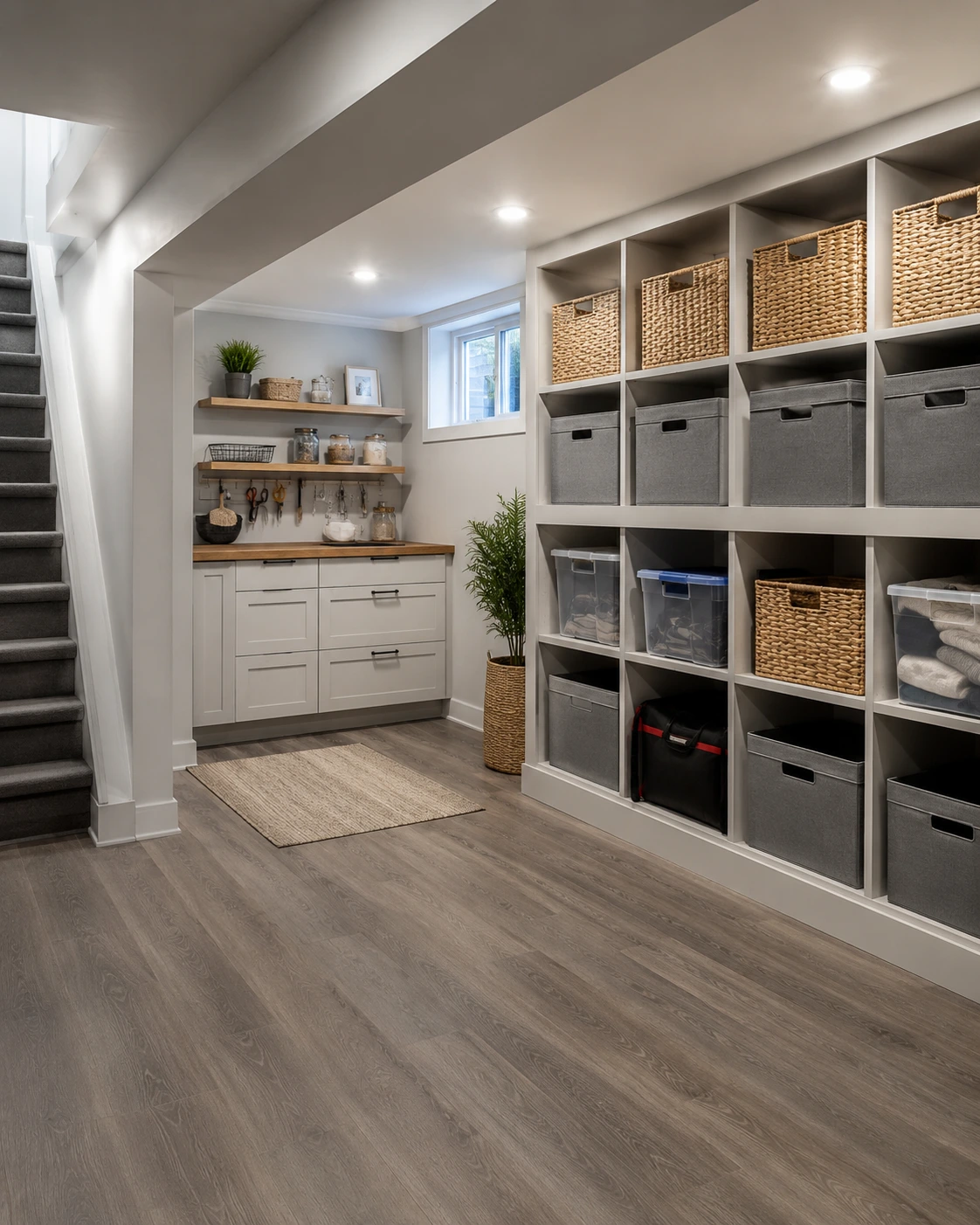 Finished basement storage and practical interior organization