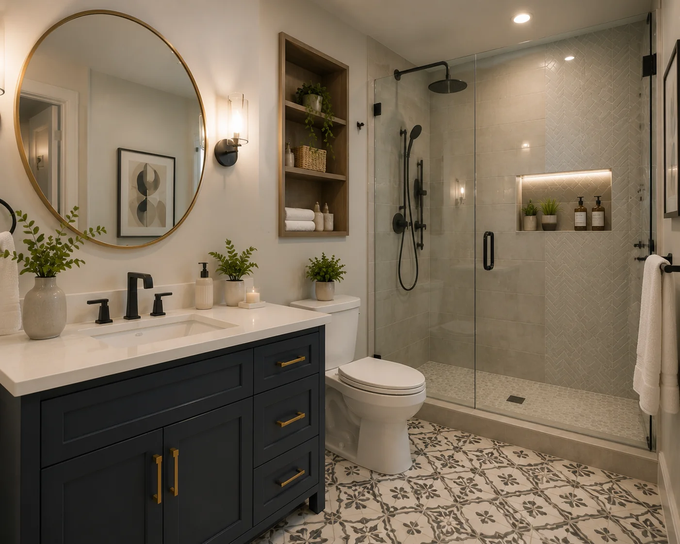 Custom bathroom with built-in storage, patterned floor tile and glass shower