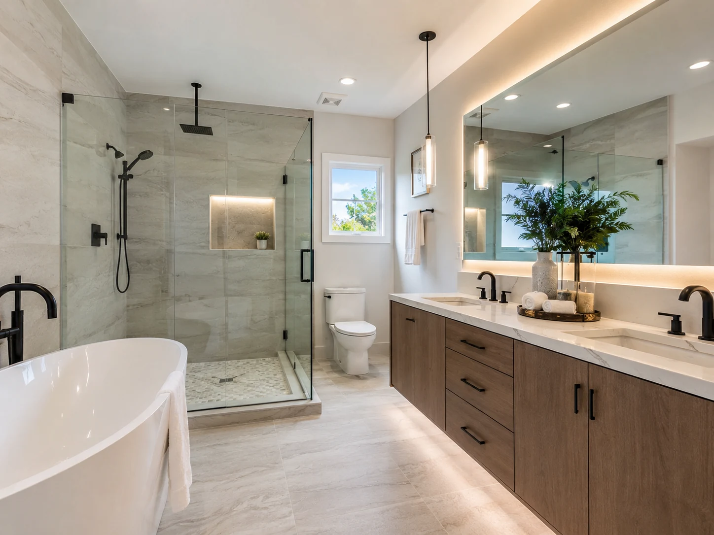 Complete modern bathroom with a glass shower, freestanding tub and double vanity