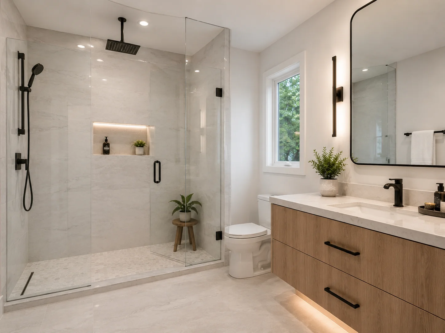 Walk-in tiled shower with frameless glass and modern shower fixtures