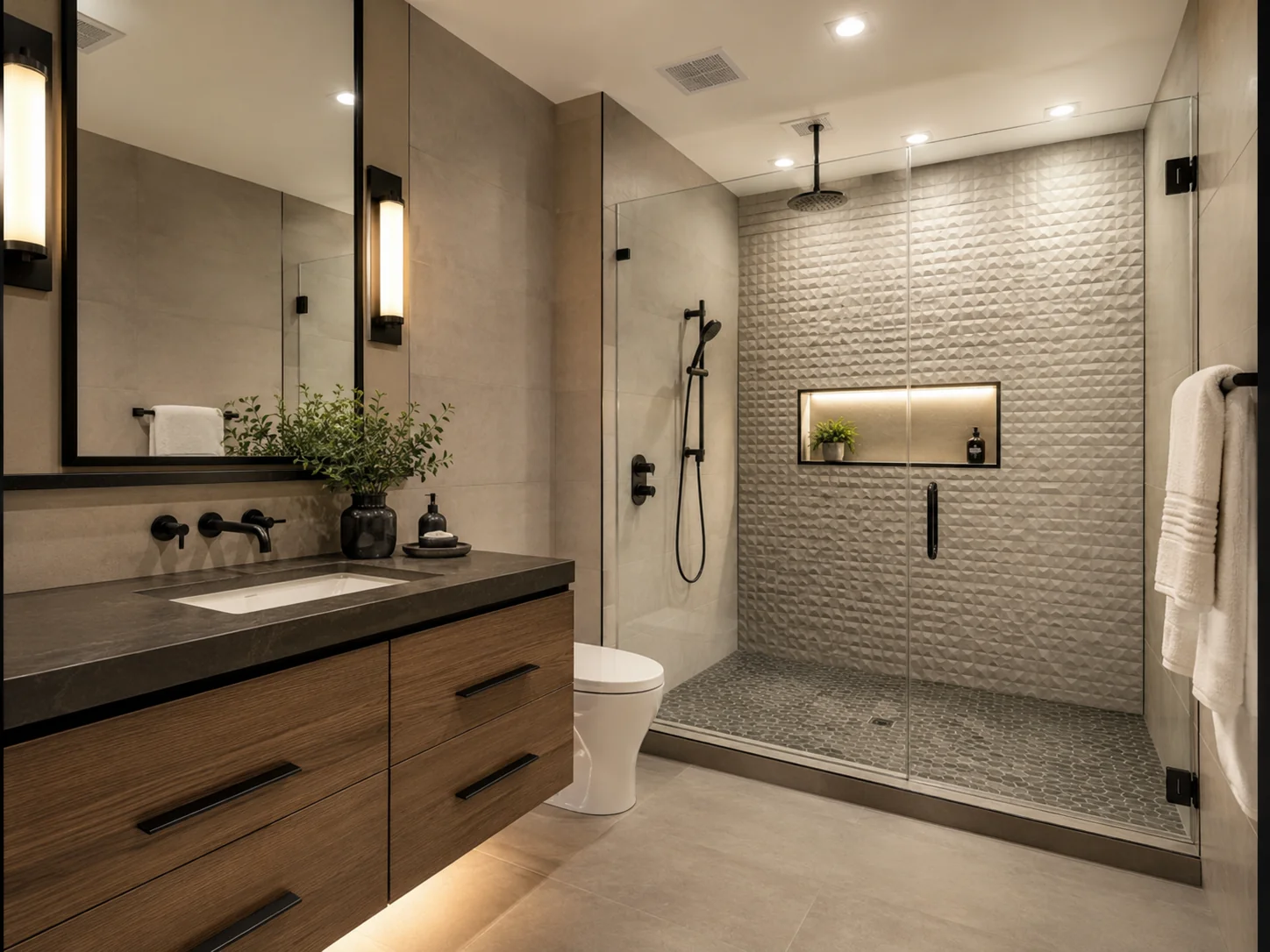 Bathroom with premium tile, feature lighting, floating vanity and glass shower