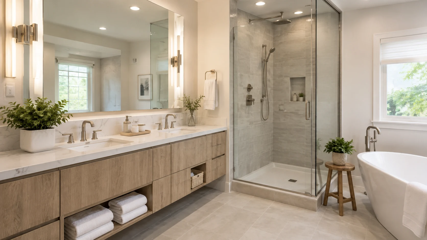 Modern bathroom with a glass shower, double vanity and freestanding tub