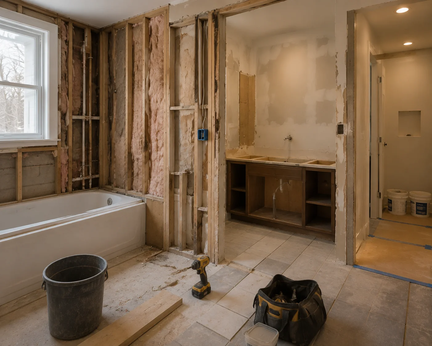 Bathroom during renovation with walls open for preparation and installation work