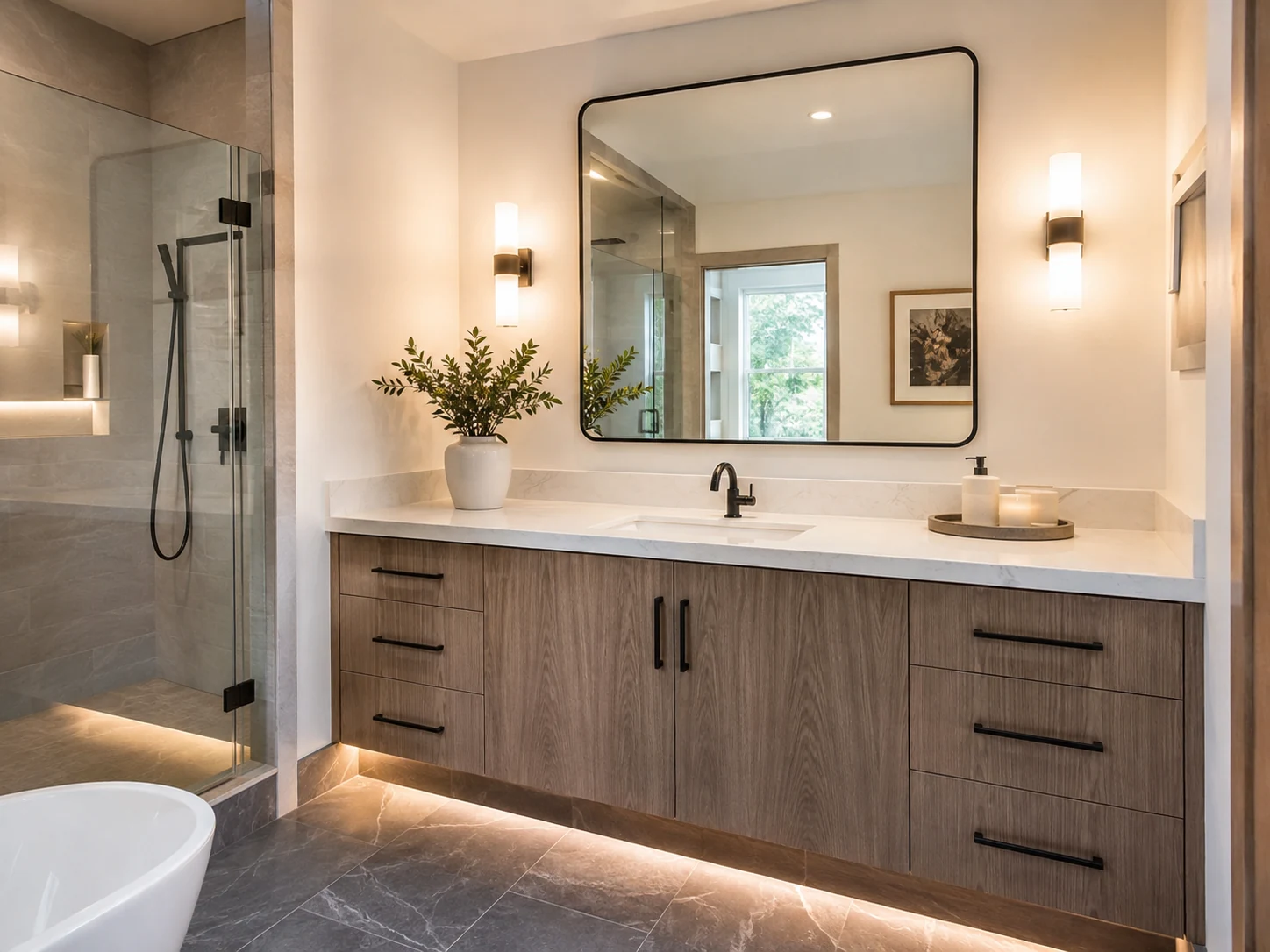 Bathroom vanity with drawers, countertop, mirror and wall lighting