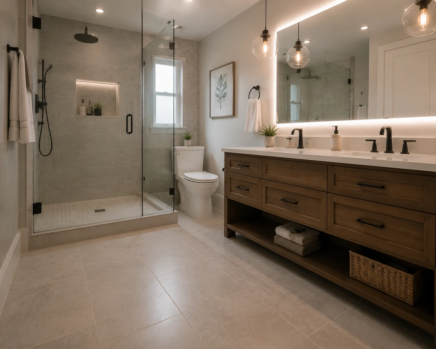 Bathroom with a glass shower, double vanity and illuminated mirror