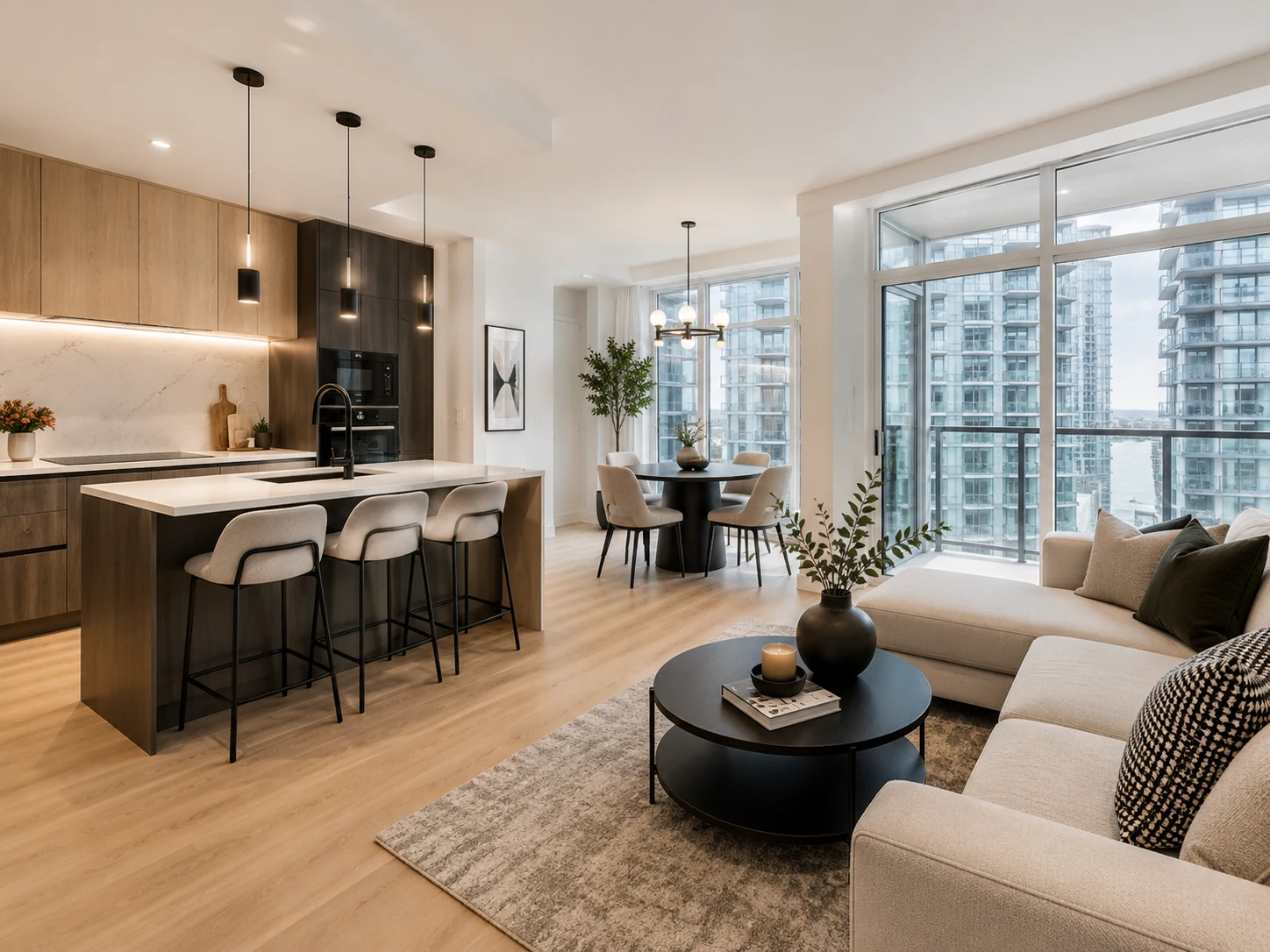 Completed full condo renovation with an open kitchen, dining area, flooring and living room finishes