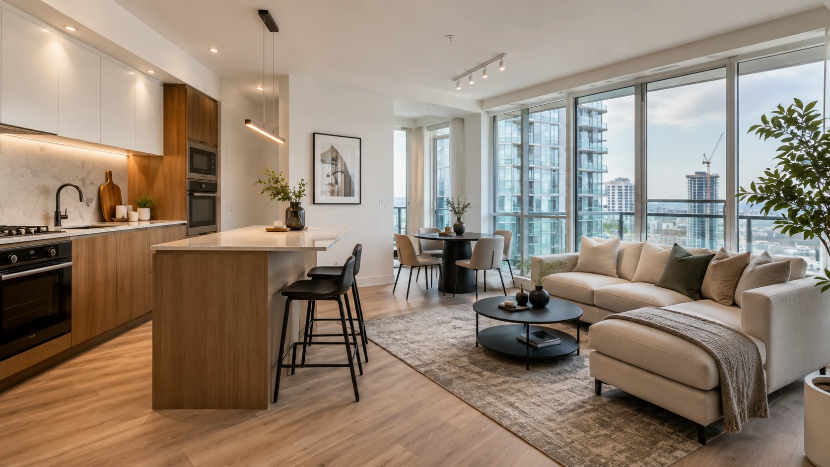 Modern completed condo interior with an open kitchen, dining space, flooring and living area