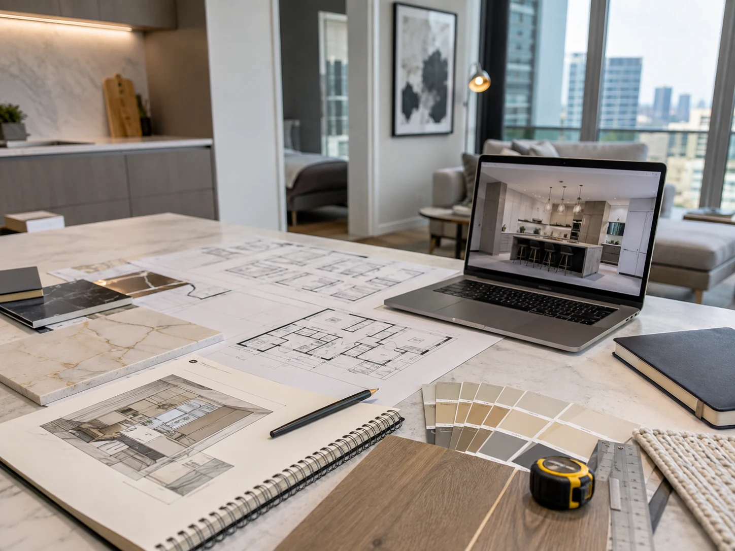 Condo renovation layout drawings, finish samples and measurements being reviewed inside a unit