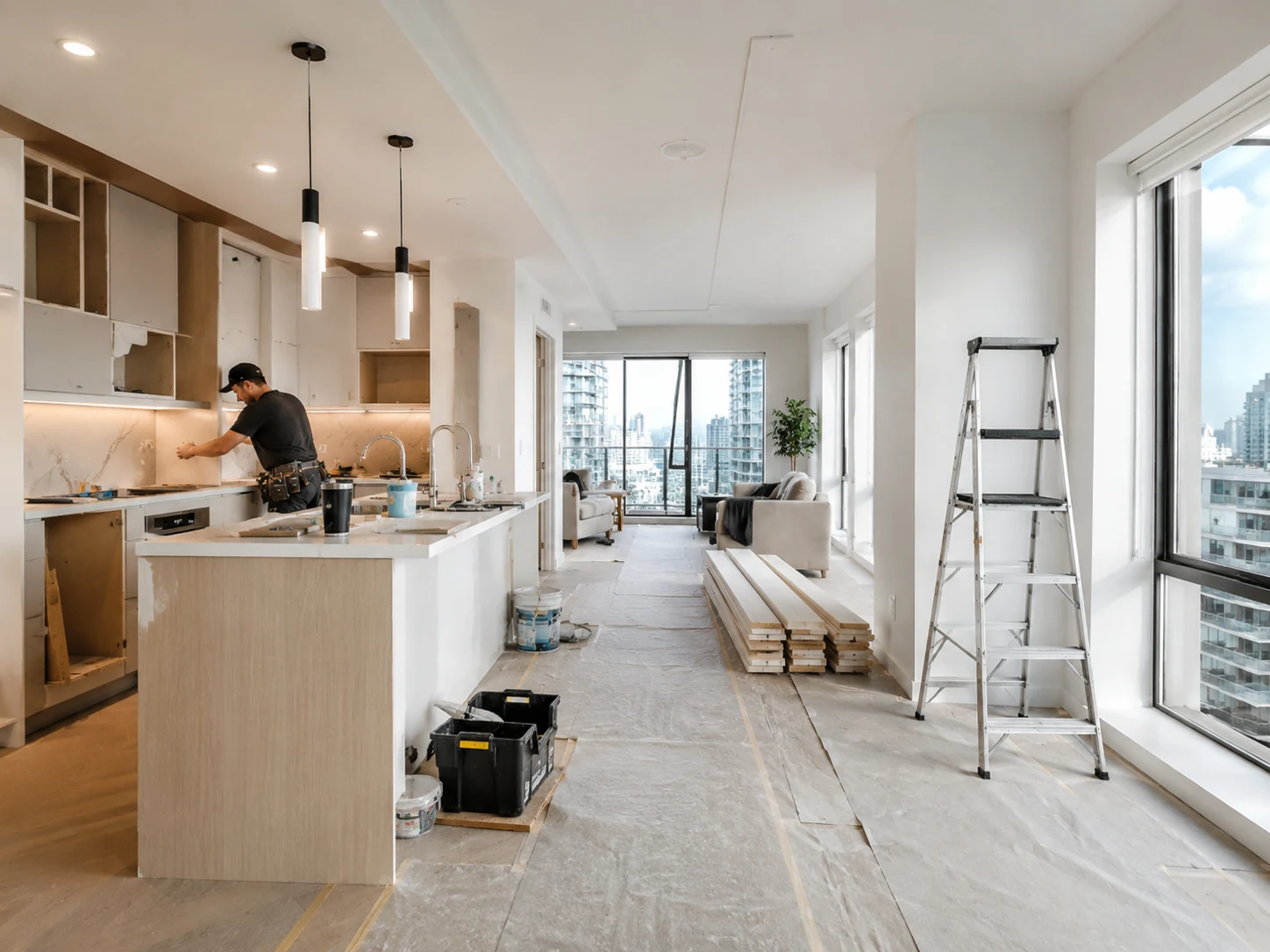 Condo renovation in progress with protected floors, kitchen installation materials and finishing work
