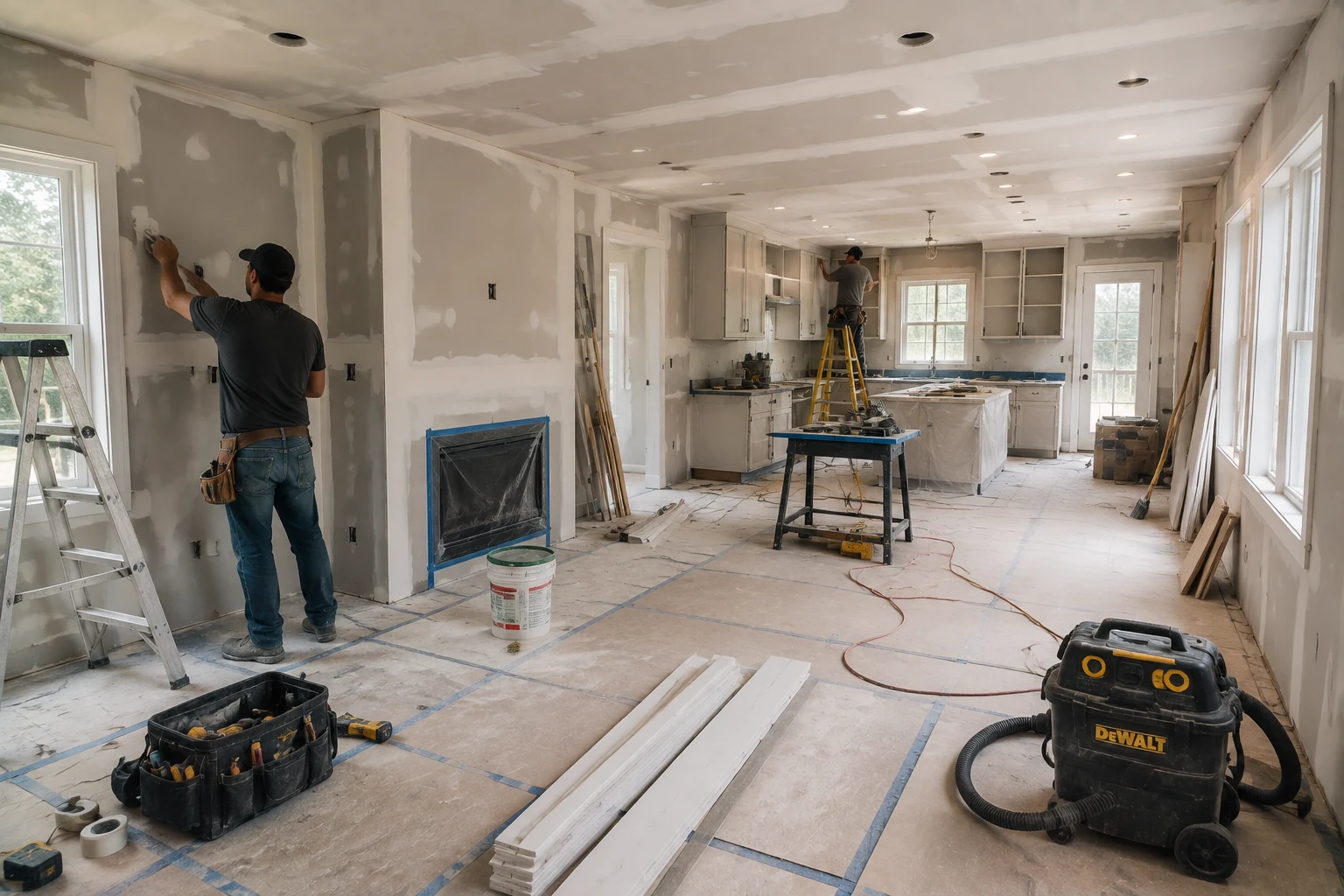 Interior renovation in progress with protected floors, prepared walls, tools and finishing materials