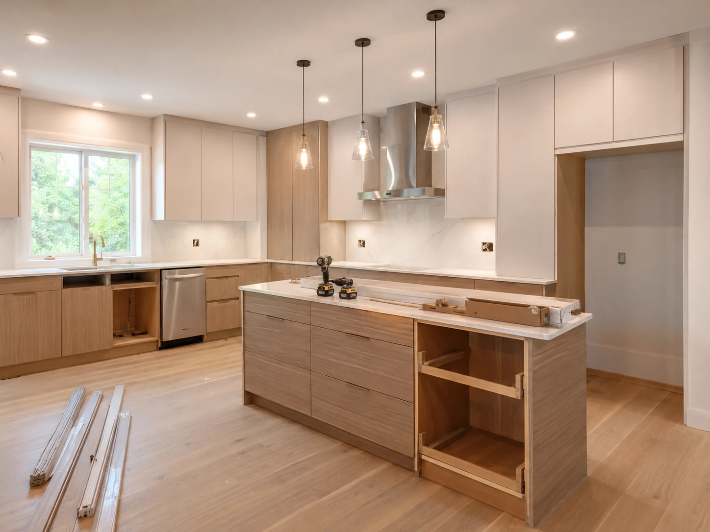Kitchen cabinet installation in progress with cabinet doors, drawers and trim being completed