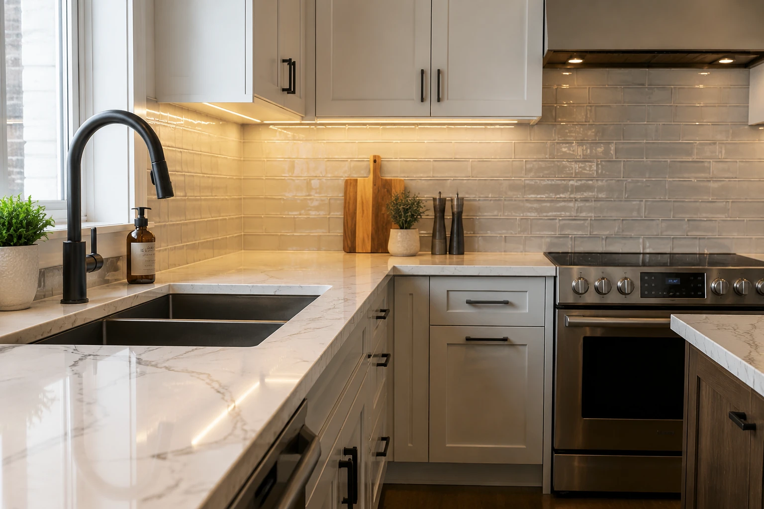 Kitchen countertop, backsplash, sink and under-cabinet lighting details