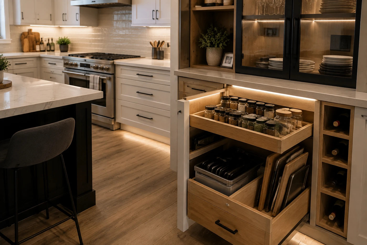 Custom kitchen storage with organized spice, tray and pantry pull-out drawers