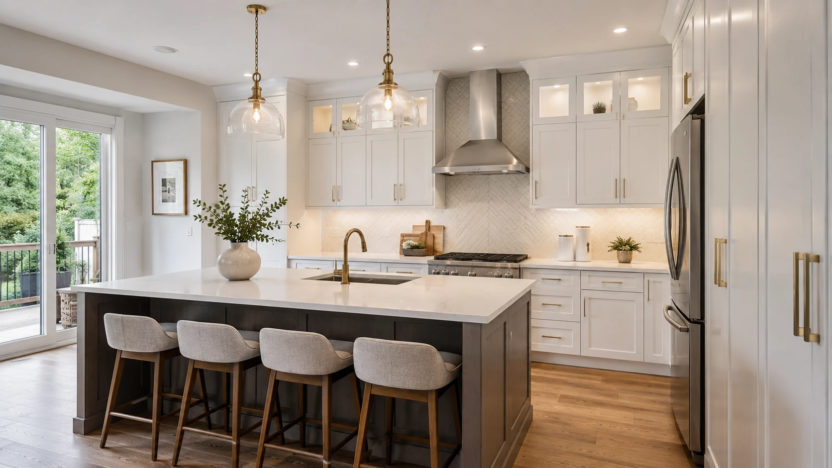 Completed kitchen remodel with an island, white cabinetry, quartz counters and tile backsplash