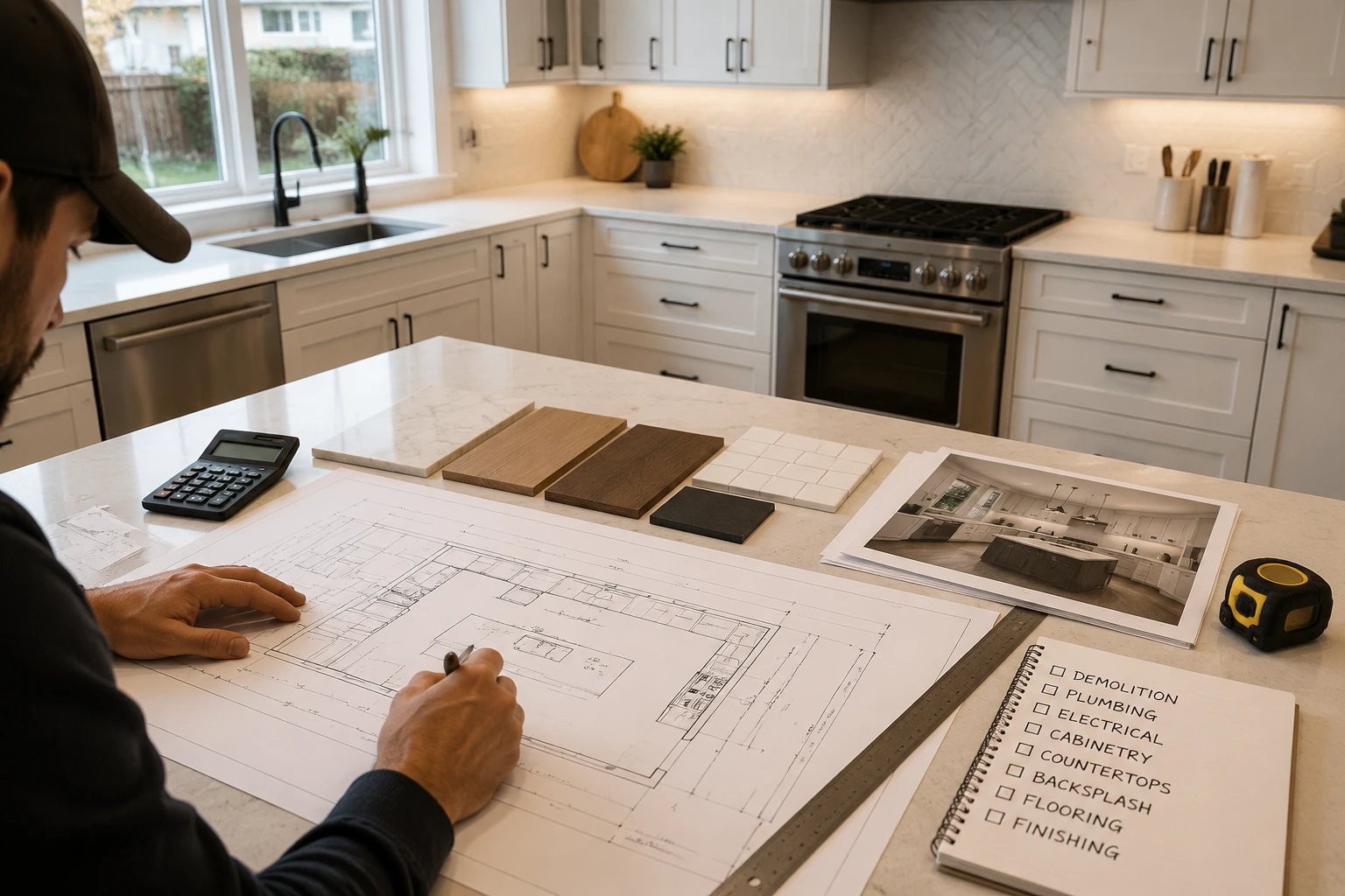 Kitchen layout plan, measurements and finish samples being reviewed on an island