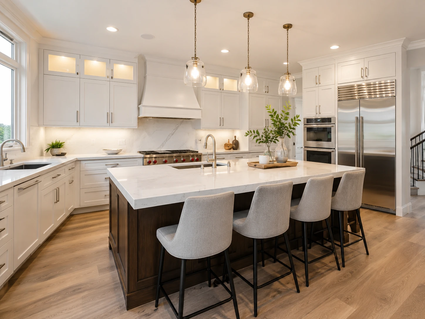 Completed kitchen renovation with a large island, white cabinetry and coordinated finishes
