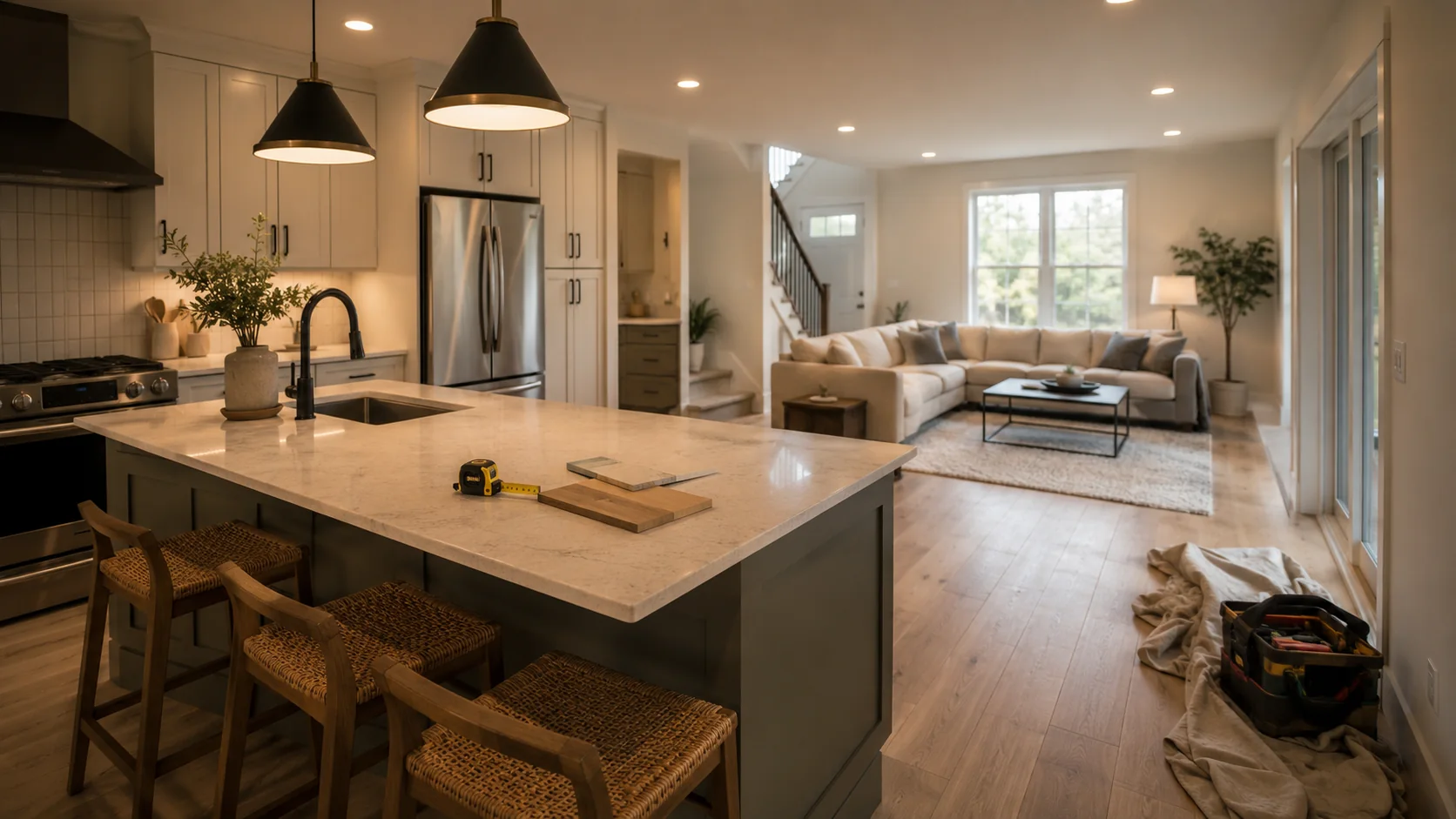 Open-plan kitchen and living area prepared for interior renovation work