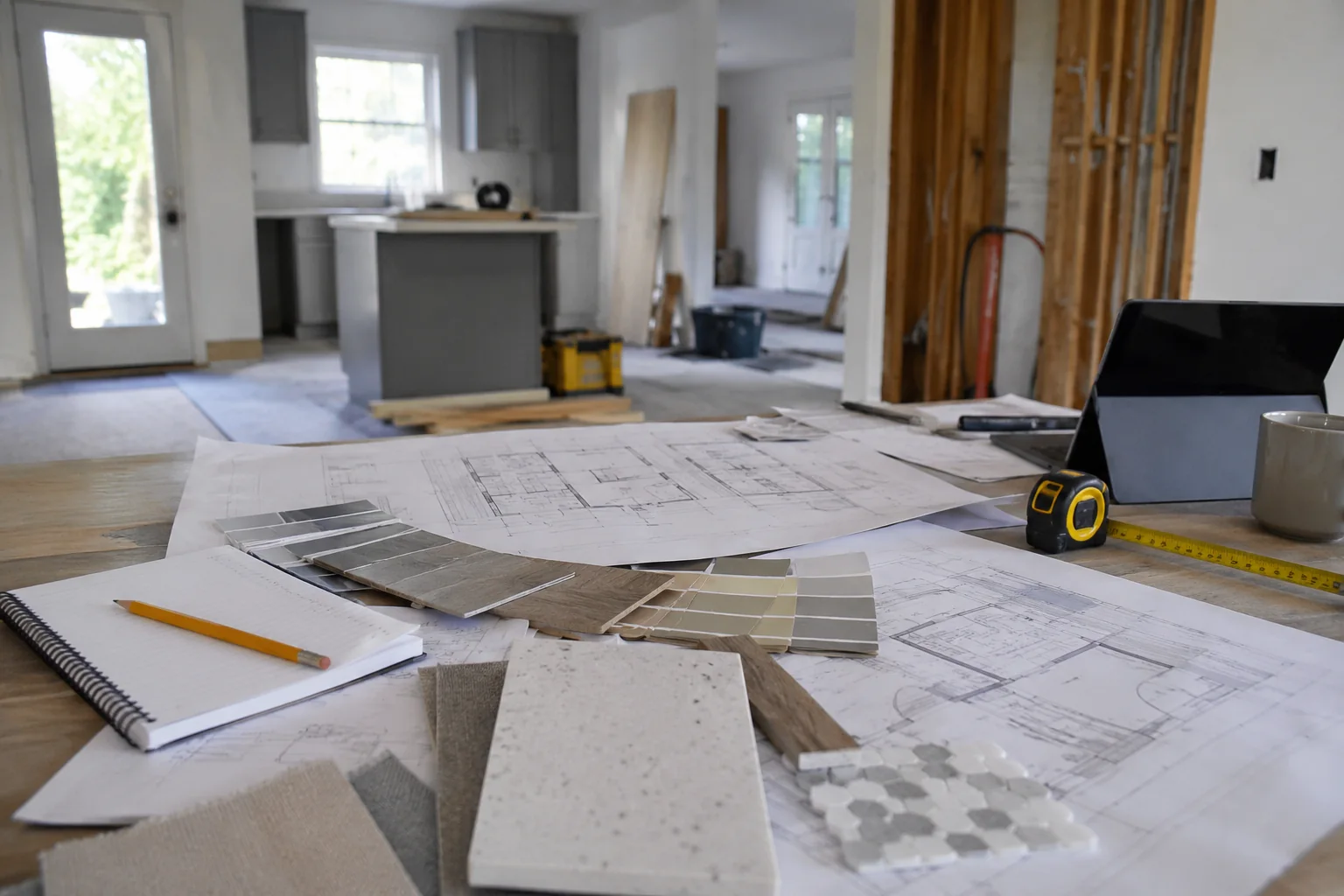 Renovation plans, measurements and finish samples arranged inside a home