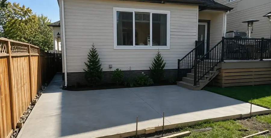 Completed backyard concrete pad in Saskatoon