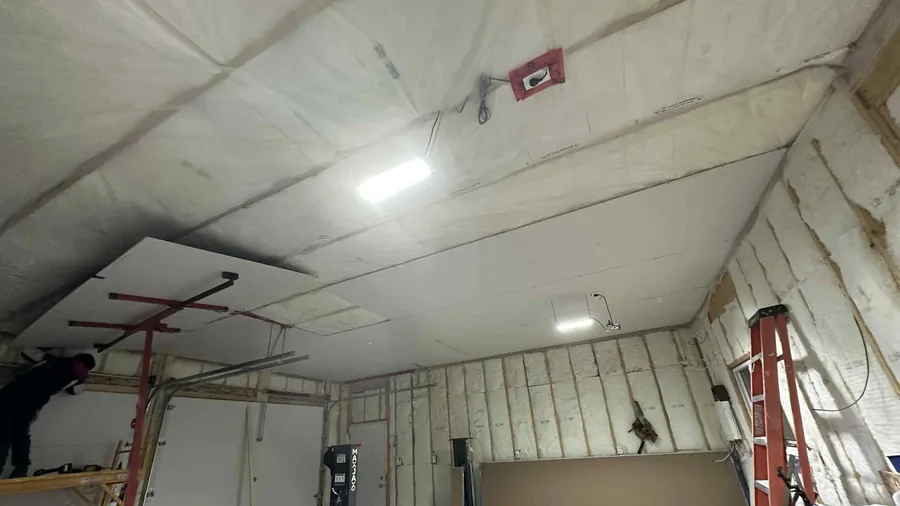 Garage insulation and ceiling drywall installation in Saskatoon