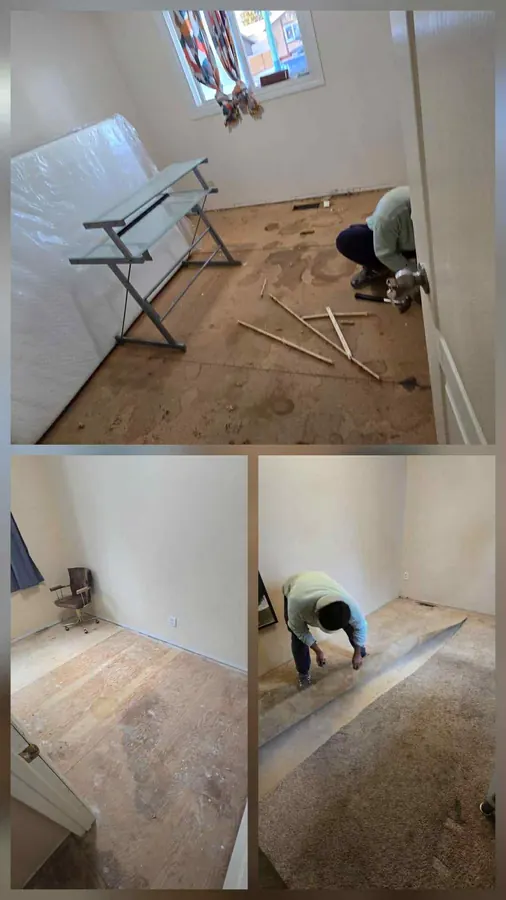 Flooring installation progressing through rooms in a Saskatoon home