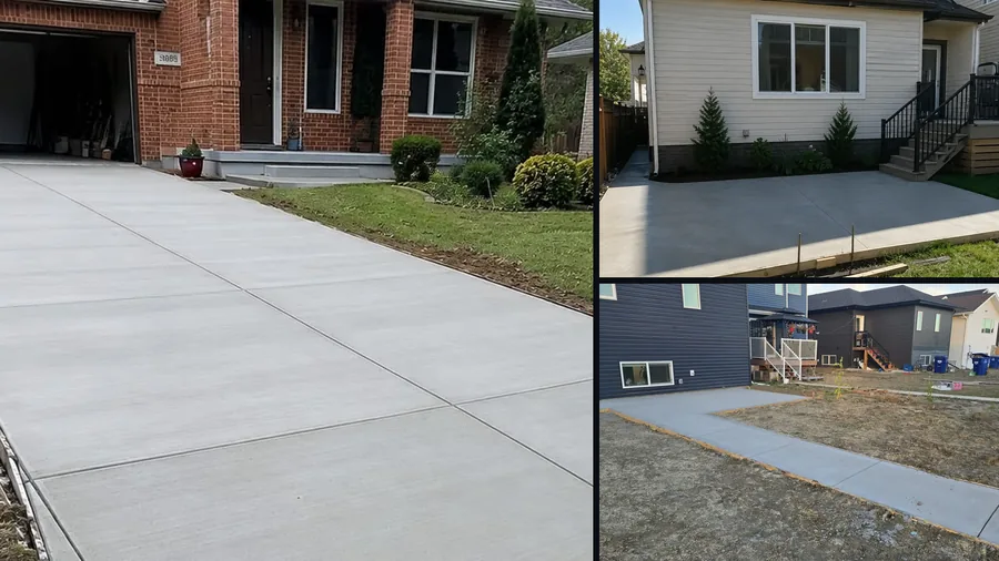 Collage of completed concrete driveway, backyard pad and walkway projects in Saskatoon