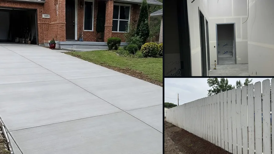 Collage of concrete driveway, drywall finishing and wood fence projects in Saskatoon